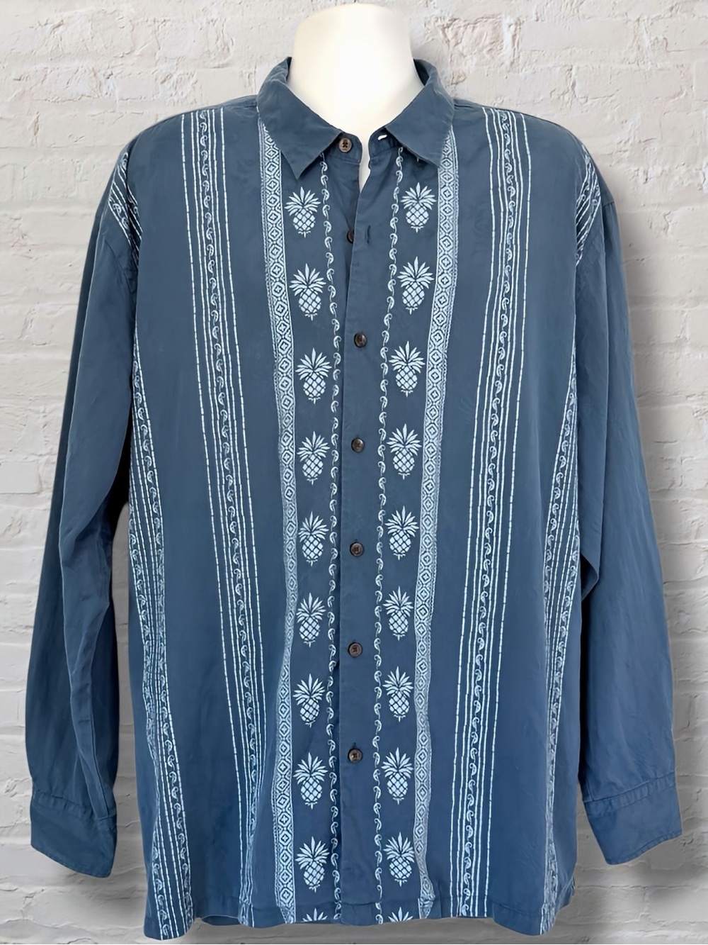 Tommy Bahama XXL Silk Cotton Pineapple Camp Shirt Blue Long Sleeve